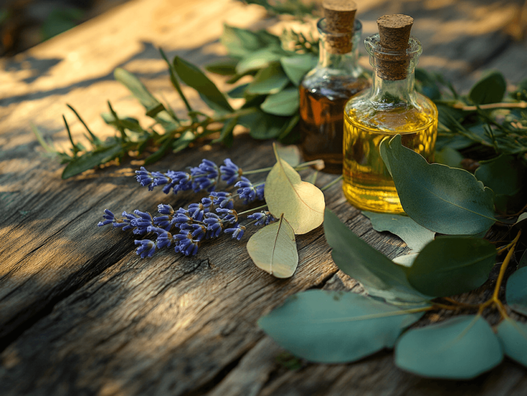 Anti-Moustiques Bébé : Remèdes de Grand-Mère 2 bouteilles anti-moustique huiles essentielle avec des fleurs de lavande sur une table en bois