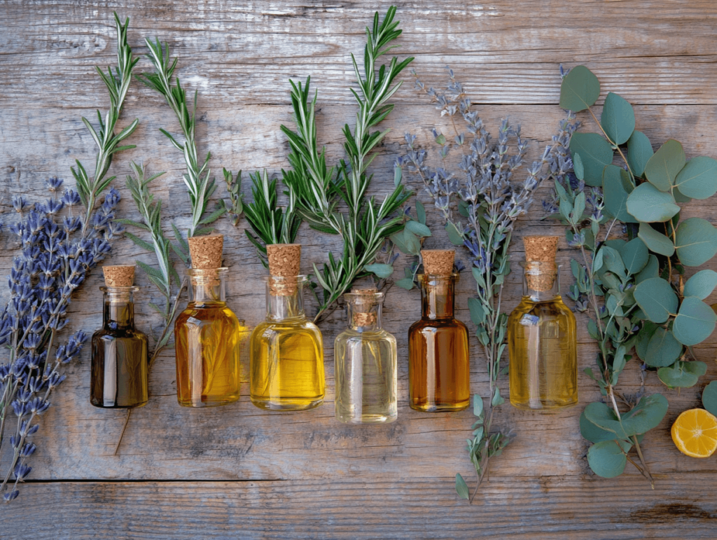 Anti-Moustiques Bébé : Remèdes de Grand-Mère 3 petites bouteilles d'huile essentielle de lavande et de citronnelle, avec des feuille de lavande et d'eucalyptus posées sur une table en bois